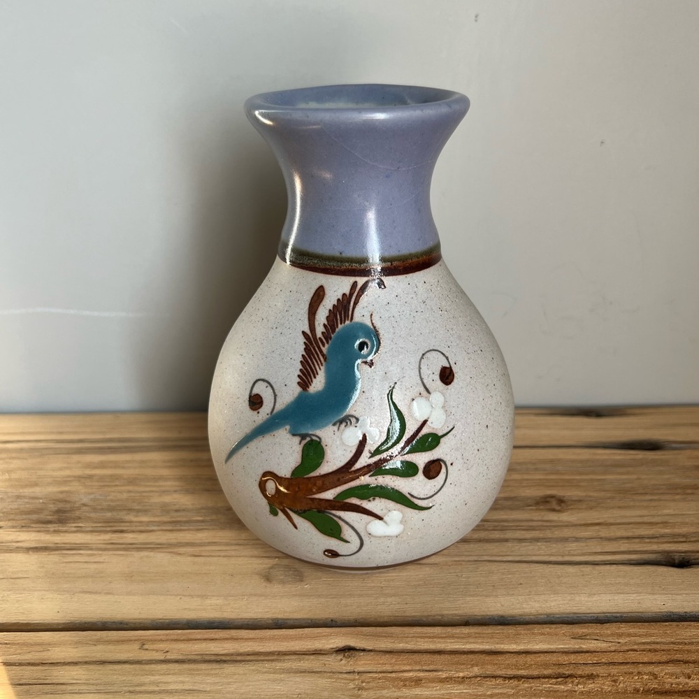 Mexican Tonala Sandstone Pottery Vase Bird Floral